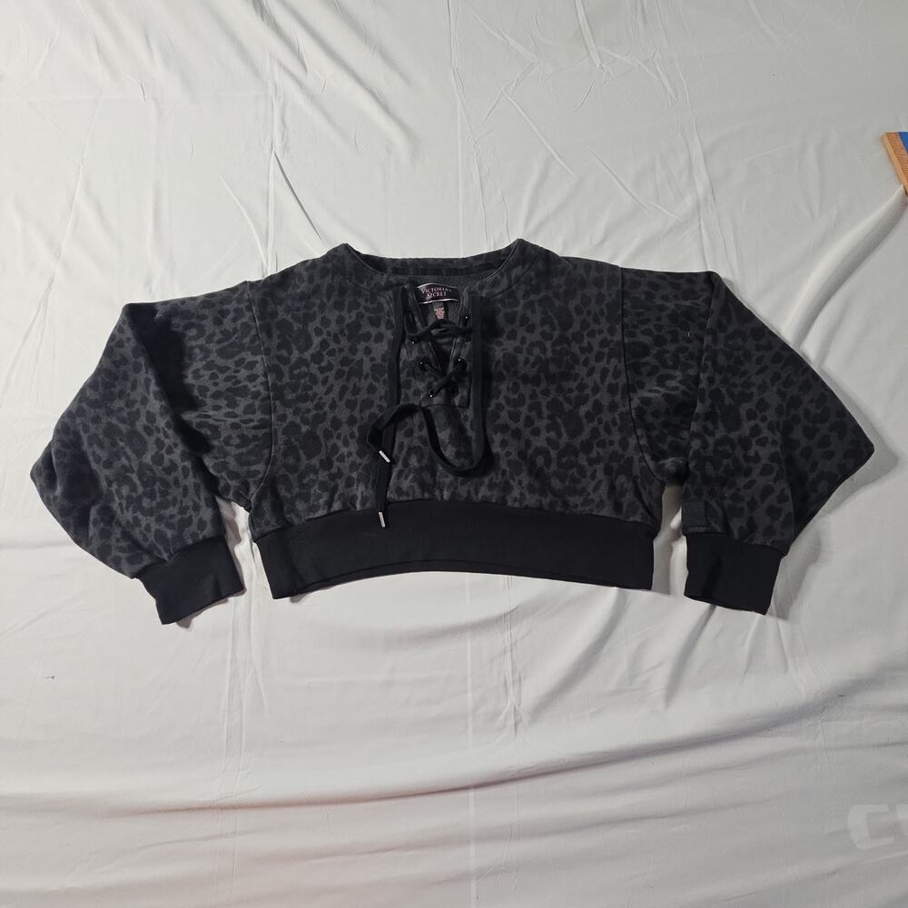 Vintage Victoria's Secret XS Leopard Print Cropped Zip Jacket Black Gray Y2K